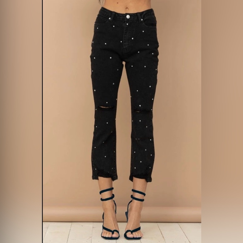 Black Rhinestone Studded Women's High Rise Jeans Cropped Distressed Stretch Sz S